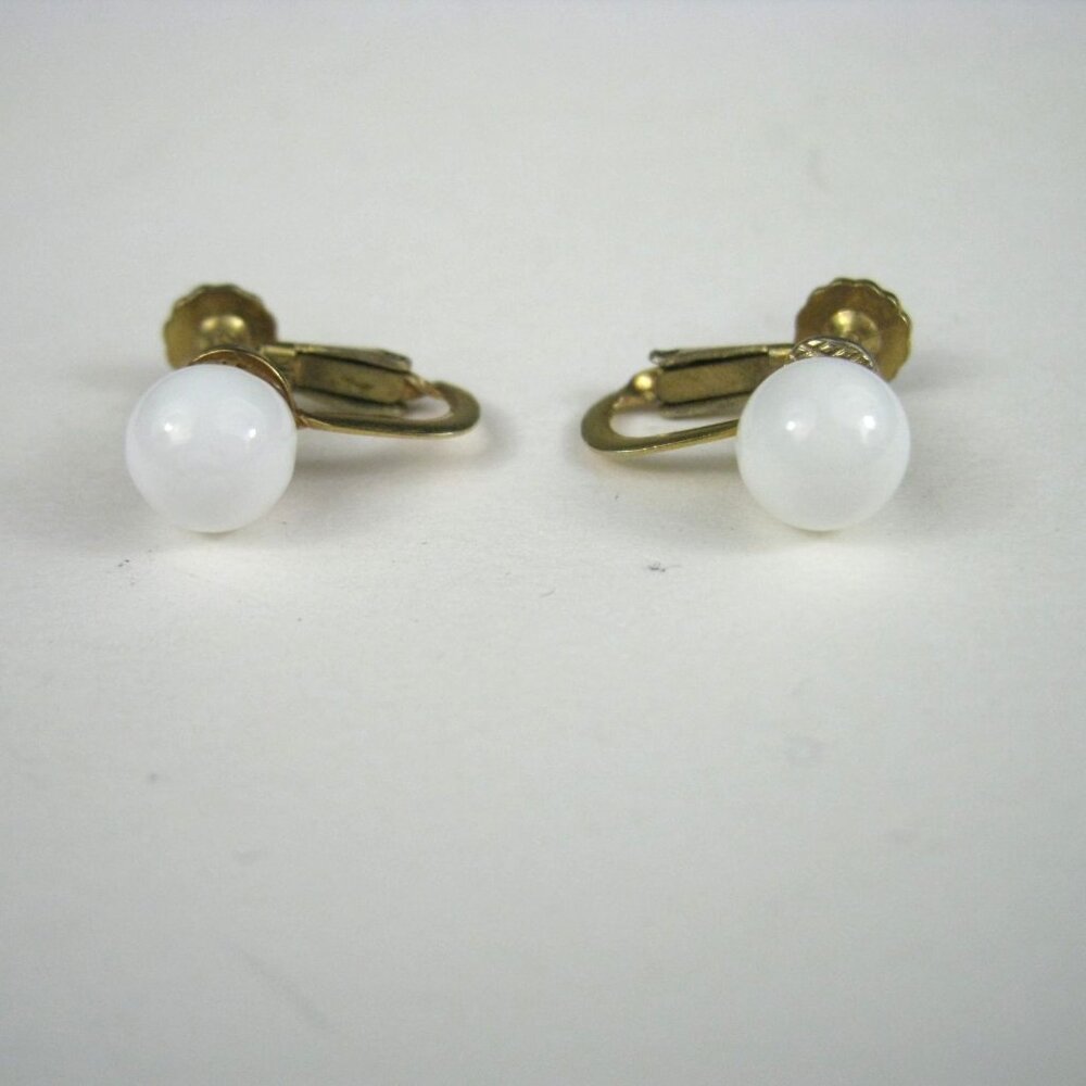 Castlecliff Vintage Gold Tone Clip On Earrings White Faux Pearls Signed